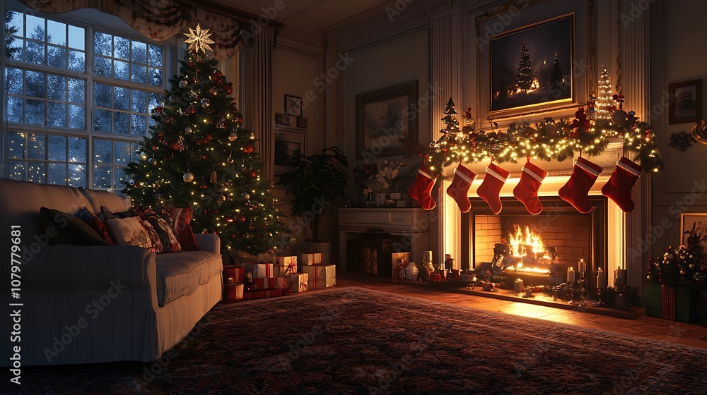 Festive and cozy living room setup, Christmas tree with classic decorations, stockings hanging from the fireplace mantel, soft glow of fairy lights, comfortable sofa with holiday pillows, Festive and cozy living room setup, Christmas tree with classic decorations, stockings hanging from the fireplace mantel, soft glow of fairy lights, comfortable sofa with holiday pillows,
