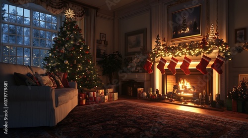 Wallpaper Mural Festive and cozy living room setup, Christmas tree with classic decorations, stockings hanging from the fireplace mantel, soft glow of fairy lights, comfortable sofa with holiday pillows, Torontodigital.ca