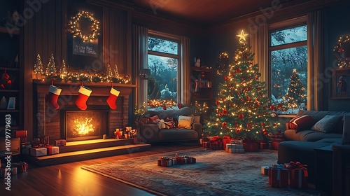 Wallpaper Mural Festive and cozy living room setup, Christmas tree with classic decorations, stockings hanging from the fireplace mantel, soft glow of fairy lights, comfortable sofa with holiday pillows, Torontodigital.ca