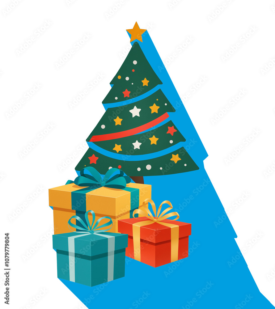 Christmas fir tree and Christmas gifts, christmas gift boxes, presents, long blue shadow Christmas fir tree and Christmas gifts, christmas gift boxes, presents, long blue shadow