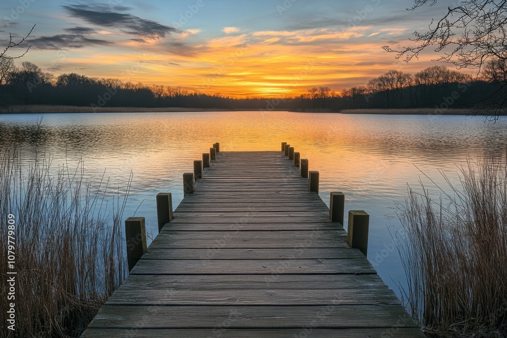 Wooden dock extending into a lake at sunrise. Wooden dock extending into a lake at sunrise.