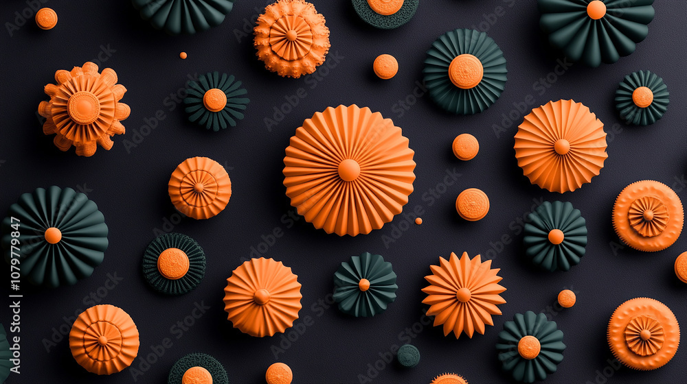 Abstract pattern of orange and green 3D shapes on a black background. Abstract pattern of orange and green 3D shapes on a black background.