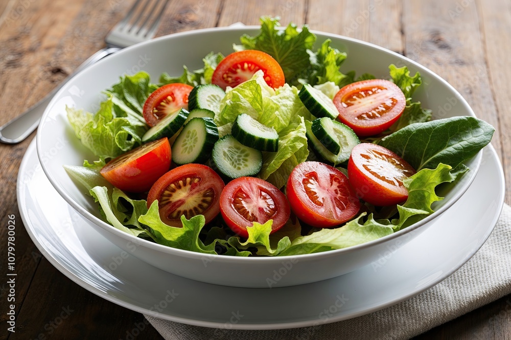Fresh Salad Bowl with Lettuce, Tomatoes, and Cucumbers on a White Plate Fresh Salad Bowl with Lettuce, Tomatoes, and Cucumbers on a White Plate
