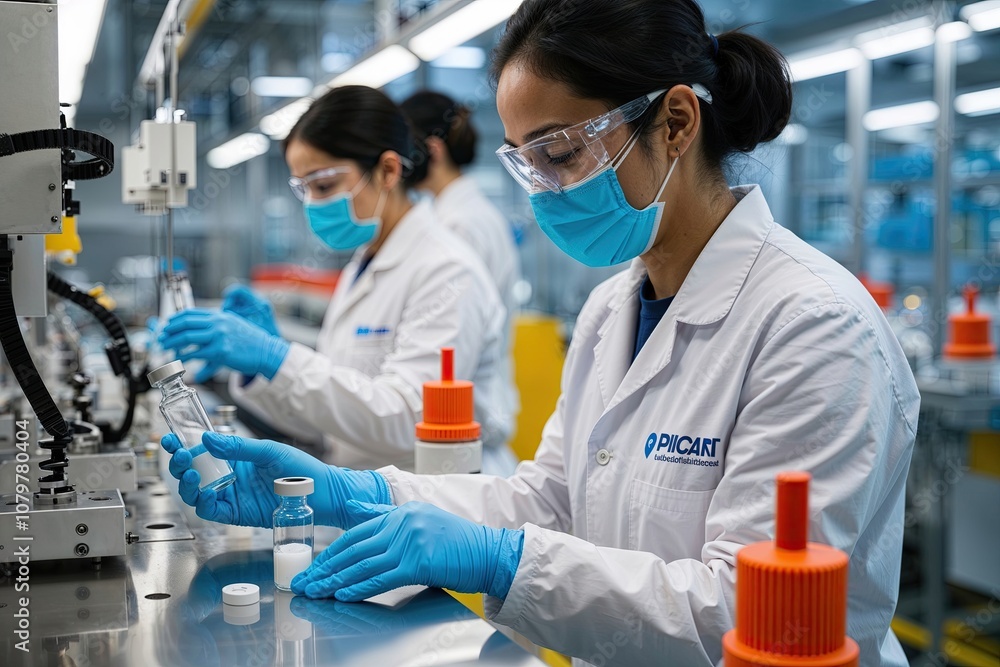 Technician in Hygienic Gloves Monitoring Medical Vials on Automated Biotech Assembly Line Technician in Hygienic Gloves Monitoring Medical Vials on Automated Biotech Assembly Line
