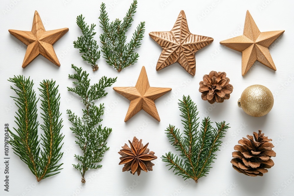 Flat lay composition of wooden stars, pine branches, and gold-colored decorations on a white background, perfect for a social media post or design template. Flat lay composition of wooden stars, pine branches, and gold-colored decorations on a white background, perfect for a social media post or design template.