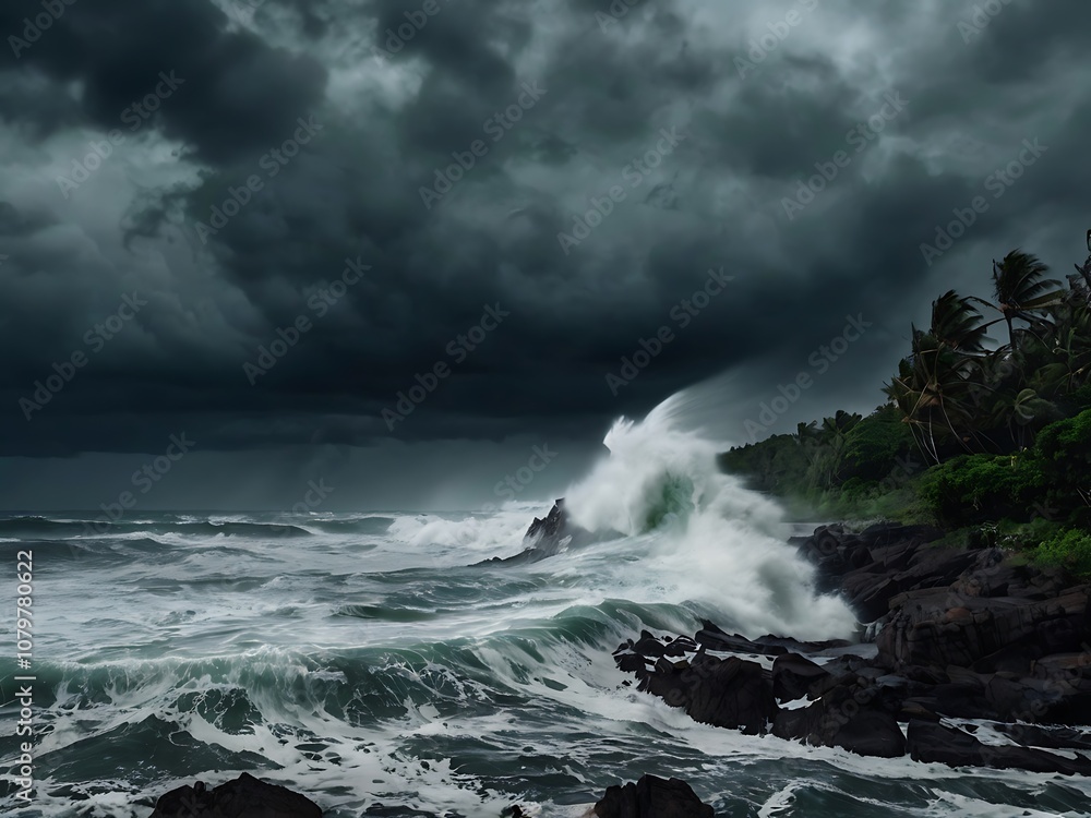 Powerful Waves Crashing on Rocky Coastline Under Dark Storm Clouds Powerful Waves Crashing on Rocky Coastline Under Dark Storm Clouds