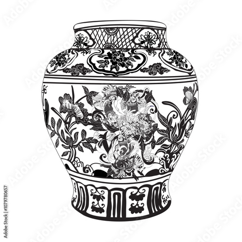 Chinese vase pattern  illustration black and white 