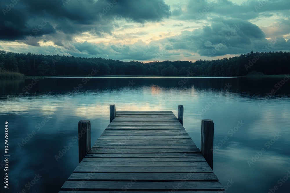Naklejka premium Wooden dock extending over a calm lake with a dramatic sky.