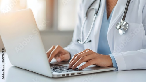 Female Medical Professional Intently Typing on Laptop at Tidy Workstation