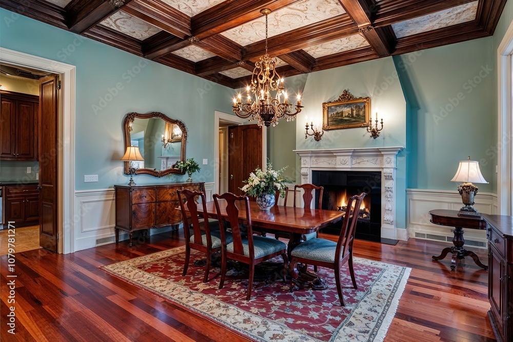 Elegant Dining Room with Cherry Wood Floors, Ornate Ceiling Beams, and Cozy Fireplace Elegant Dining Room with Cherry Wood Floors, Ornate Ceiling Beams, and Cozy Fireplace