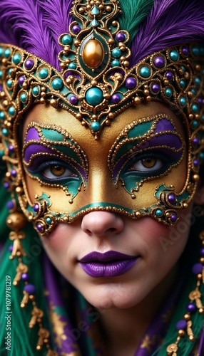 Mardi Gras mask portrait of a woman, elegant and festive, vibrant colors with rich details