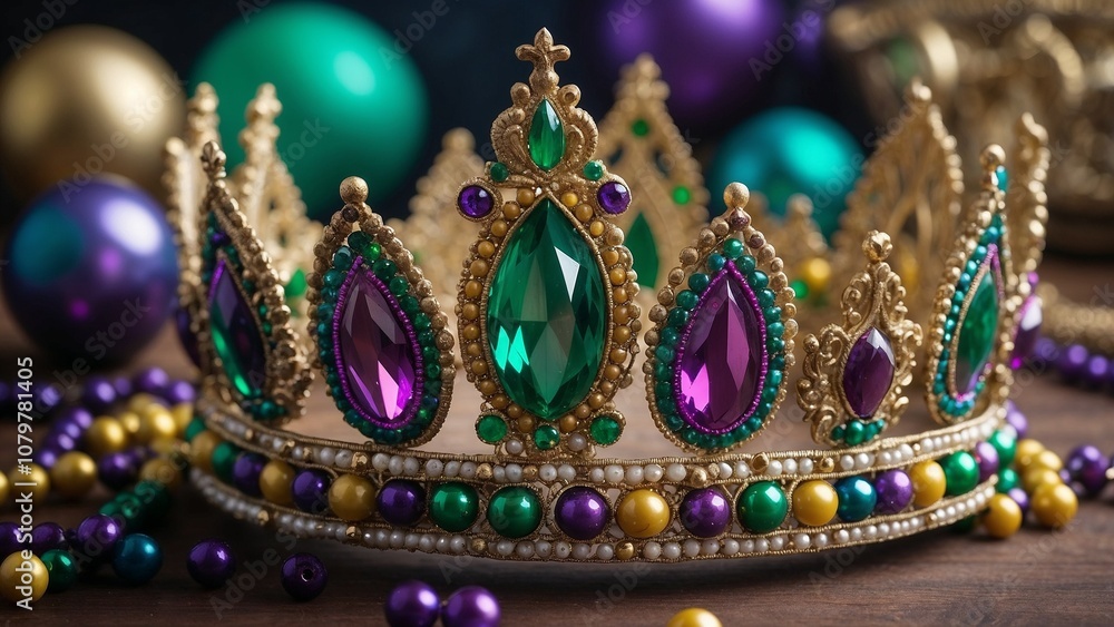 Mardi Gras crown placed on a table surrounded by colorful beads, festive and vibrant holiday decoration Mardi Gras crown placed on a table surrounded by colorful beads, festive and vibrant holiday decoration