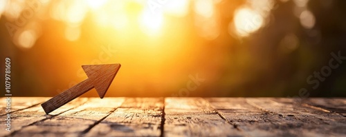 An arrow points toward a glowing sunset, symbolizing direction and optimism on a rustic wooden surface.