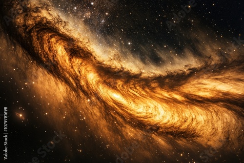 Stunning cosmic swirl of golden nebula and glittering stars in the night sky photo