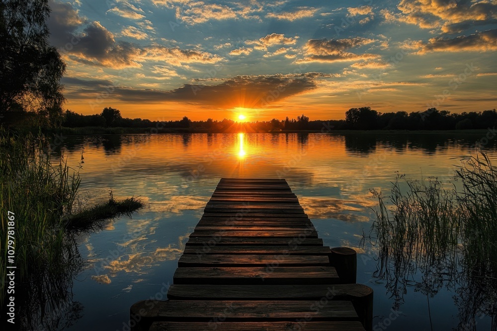 Fototapeta premium Wooden dock leading into calm lake waters at sunset.