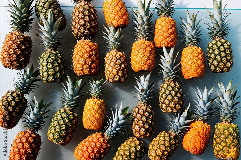 Fresh Tropical Pineapples Arranged on a Clear Surface Fresh Tropical Pineapples Arranged on a Clear Surface