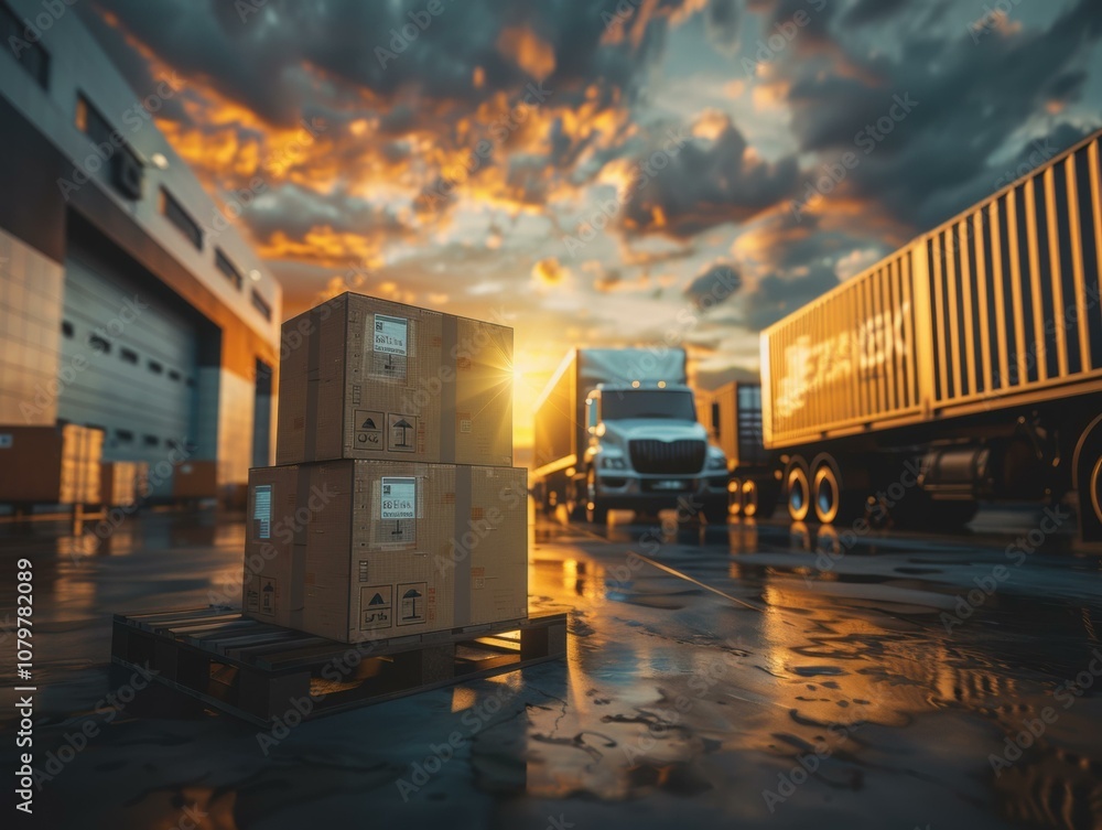 Naklejka premium Pallets stacked in a shipping yard at sunset. AI.