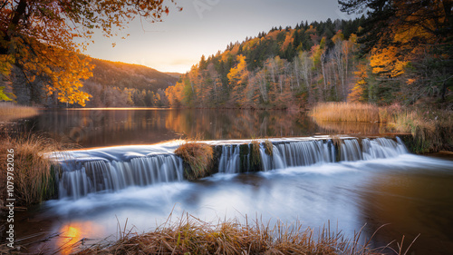 Autumn Waterfall Lake at Sunset with Fall Foliage