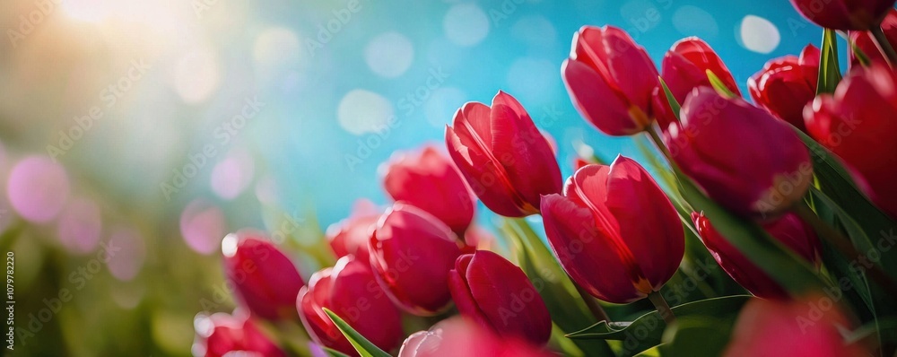 A vibrant field of red tulips under a bright sky, illuminated by sunlight and surrounded by a soft, glowing bokeh background. A vibrant field of red tulips under a bright sky, illuminated by sunlight and surrounded by a soft, glowing bokeh background.