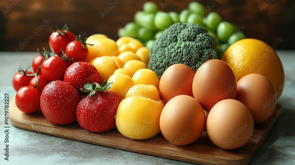 A variety of fresh fruits, vegetables, and eggs arranged on a wooden cutting board. A variety of fresh fruits, vegetables, and eggs arranged on a wooden cutting board.