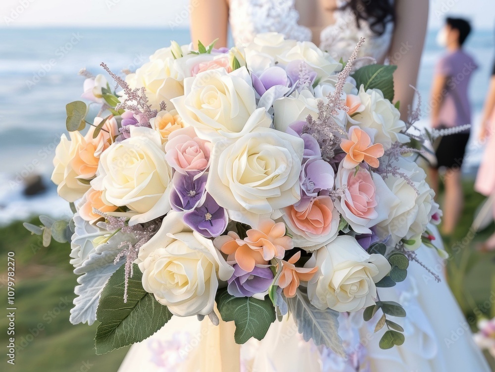 A delicate bouquet of white and pastel roses. AI. A delicate bouquet of white and pastel roses. AI.