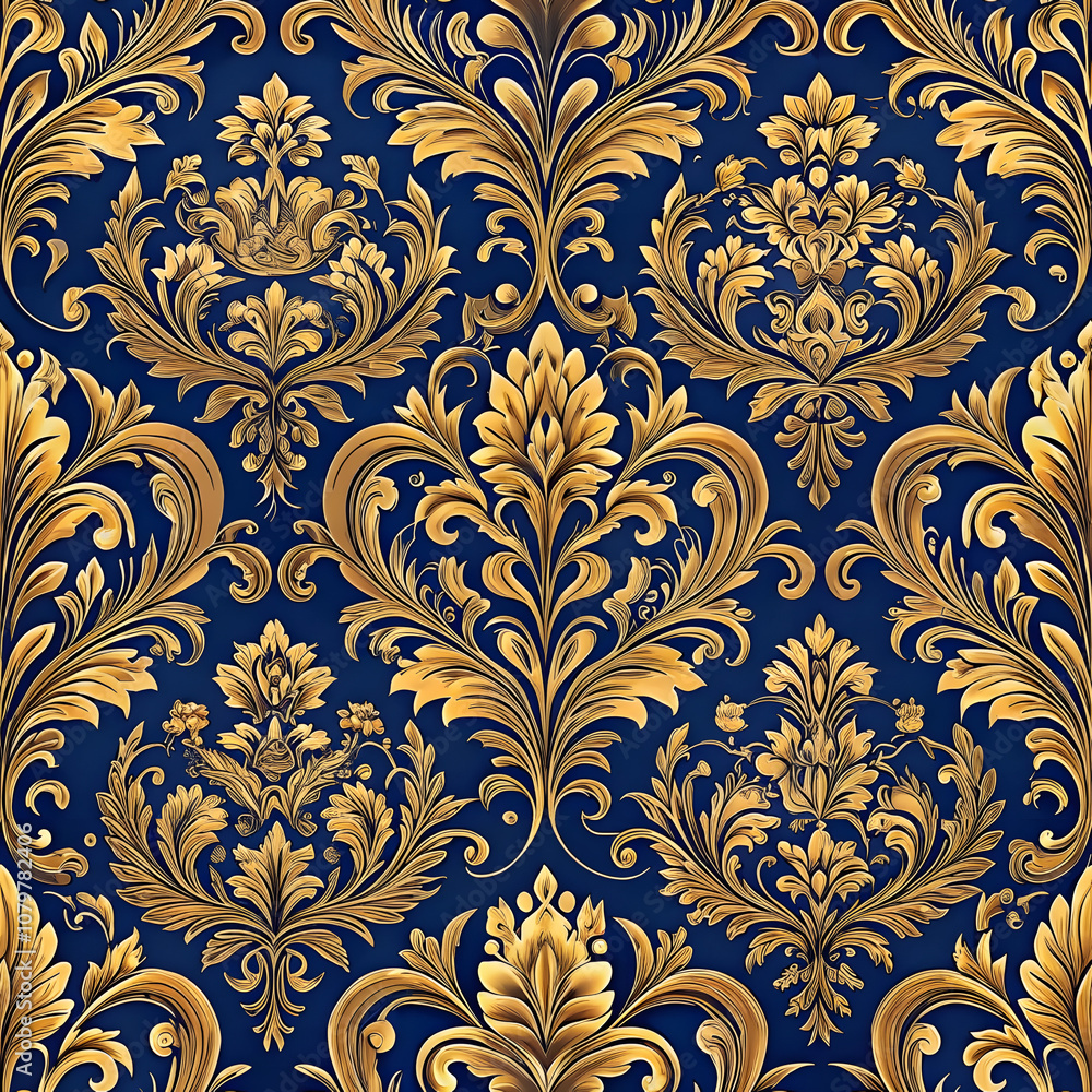 Baroque-Style Floral Seamless Pattern in Gold and Deep Blue. Perfect for: Baroque Themed Events, Vintage Gatherings Baroque-Style Floral Seamless Pattern in Gold and Deep Blue. Perfect for: Baroque Themed Events, Vintage Gatherings