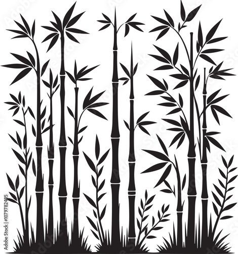 tropical bamboo forest silhouette vector art illustration