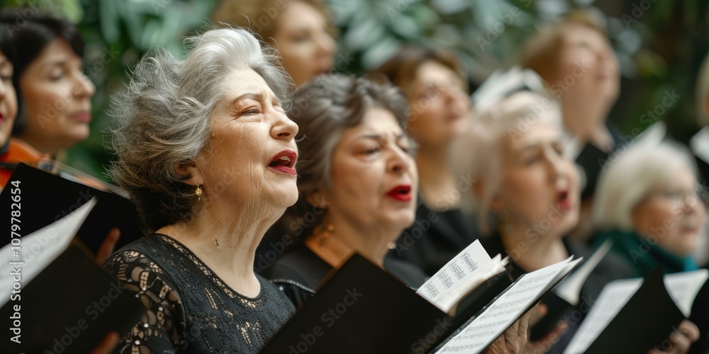 A woman sings with a choir. AI. A woman sings with a choir. AI.