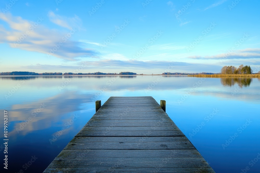 Fototapeta premium Wooden dock leading to a calm lake with a blue sky and clouds reflected in the water.