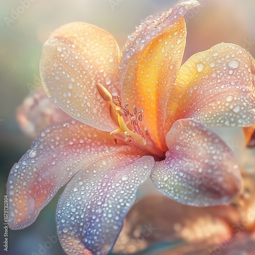 Close-up of a vibrant flower with delicate petals covered in water droplets