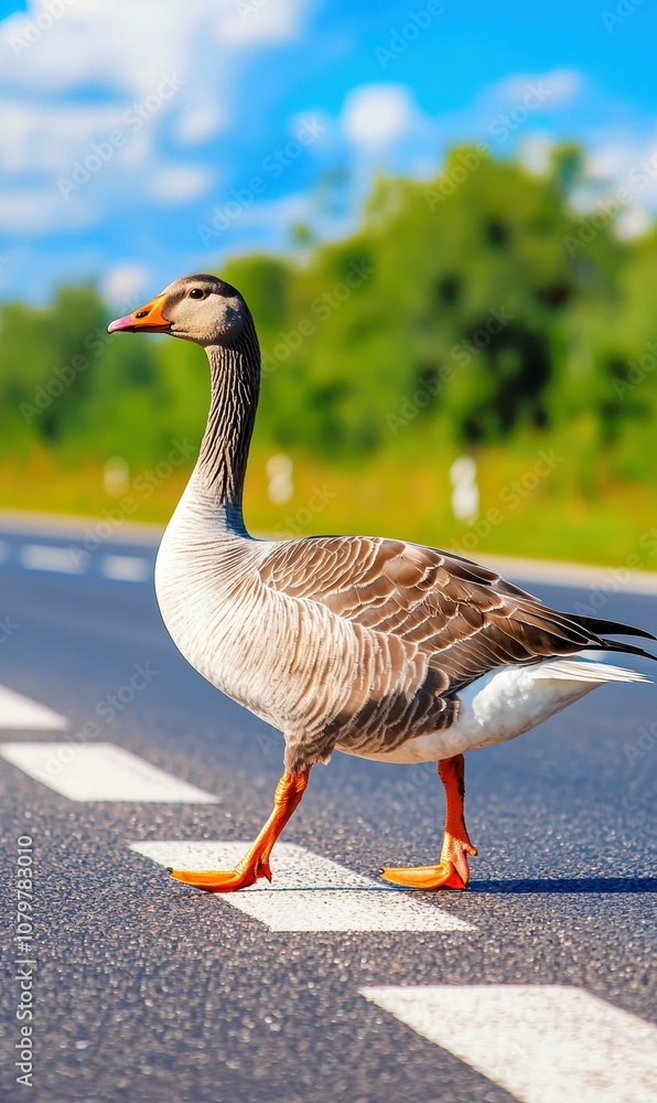 A goose walks across a road. AI. A goose walks across a road. AI.