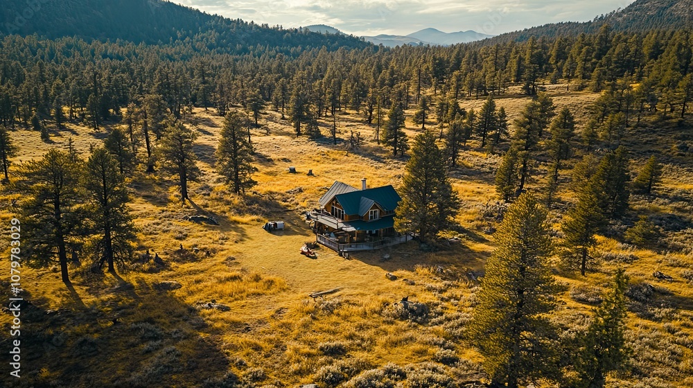 A secluded cabin nestled amidst a dense forest in a mountainous valley. A secluded cabin nestled amidst a dense forest in a mountainous valley.