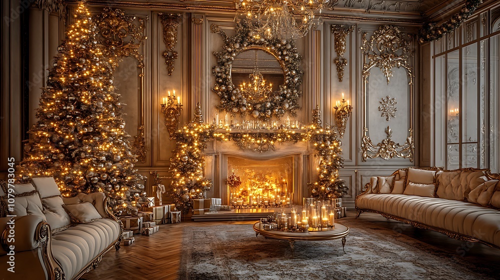 Fototapeta premium Glamorous holiday decor, modern living room with a chic gold and silver Christmas tree, stylish mantle adorned with glittering garland and elegant candles, luxurious ambiance,