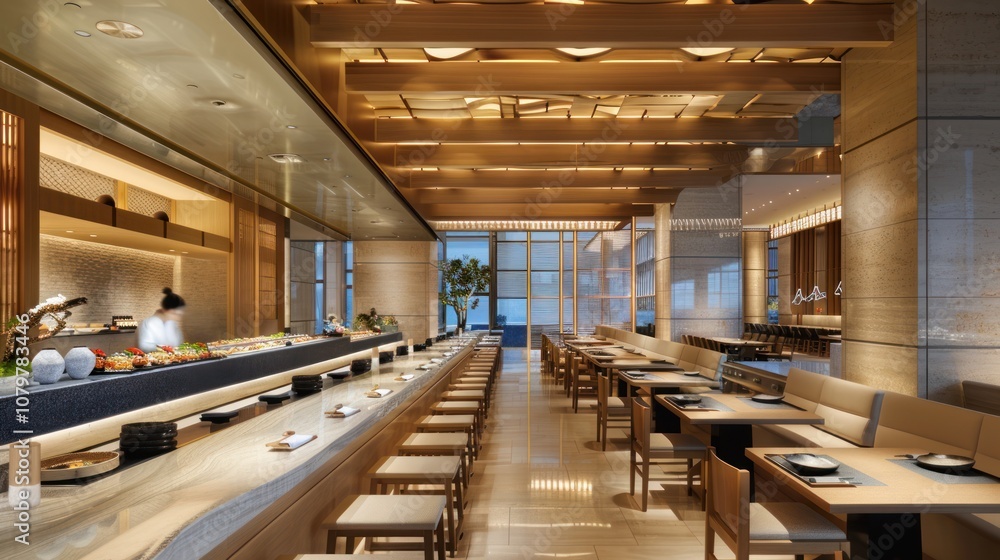 A sleek sushi restaurant with a long display case showcasing fresh, colorful sushi. The modern interior is minimalist, highlighting the artistry of each dish in a refined, inviting atmosphere. A sleek sushi restaurant with a long display case showcasing fresh, colorful sushi. The modern interior is minimalist, highlighting the artistry of each dish in a refined, inviting atmosphere.