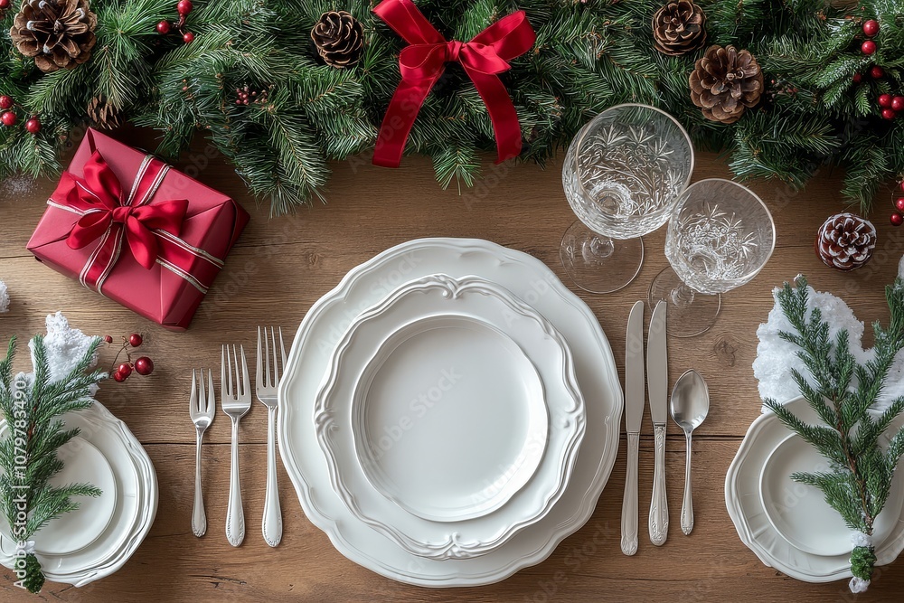 Flat lay of a Christmas table setting with white plates, cutlery, red ribbon gift box, and green wreath on a wooden background, perfect for a holiday card or menu illustration. Flat lay of a Christmas table setting with white plates, cutlery, red ribbon gift box, and green wreath on a wooden background, perfect for a holiday card or menu illustration.