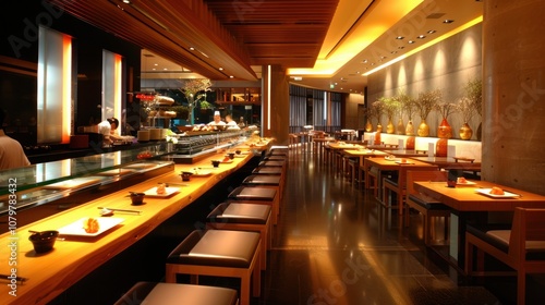 A sleek sushi restaurant with a long display case showcasing fresh, colorful sushi. The modern interior is minimalist, highlighting the artistry of each dish in a refined, inviting atmosphere.