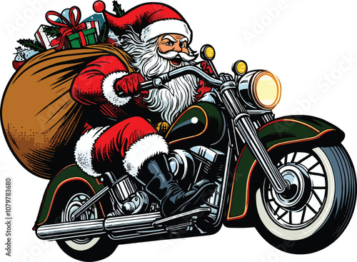 Santa riding a Harley with a sack of gifts behind him