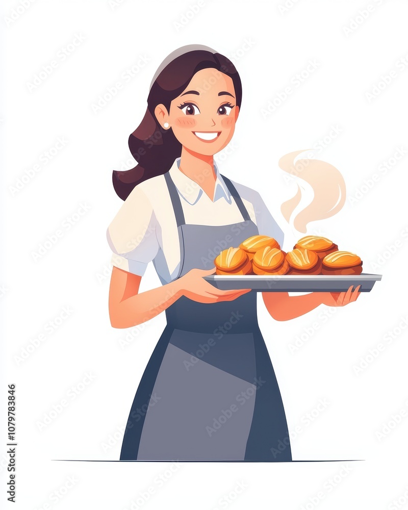 Smiling woman serving freshly baked pastries, white isolate background Smiling woman serving freshly baked pastries, white isolate background