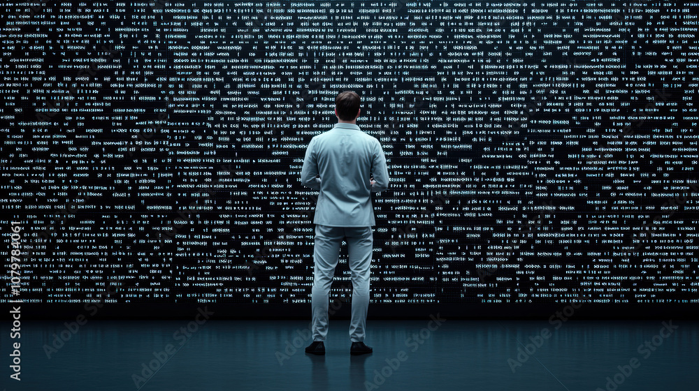 Quantum Computing Data Analytics Concept. A figure stands in front of a large digital wall filled with abstract text, evoking themes of technology, data, and introspection. Quantum Computing Data Analytics Concept. A figure stands in front of a large digital wall filled with abstract text, evoking themes of technology, data, and introspection.