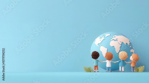 Four children stand together, reaching out to a colorful globe against a blue background, symbolizing unity and global awareness.