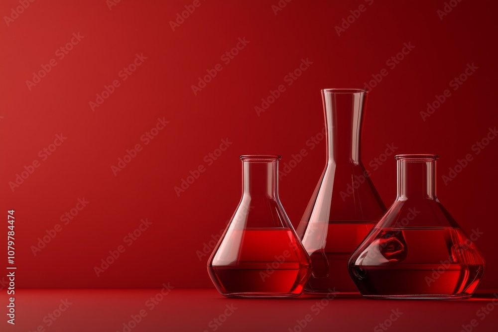 Red Liquid in Glass Flasks on Red Background Red Liquid in Glass Flasks on Red Background