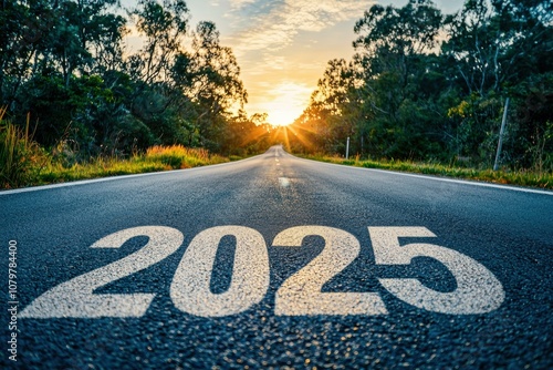 A road leading into the future, with the year 2025 painted on the asphalt. AI.