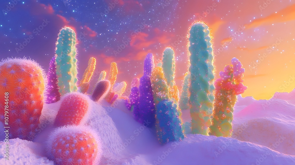 A surreal landscape with colorful cacti under a starry sky A surreal landscape with colorful cacti under a starry sky