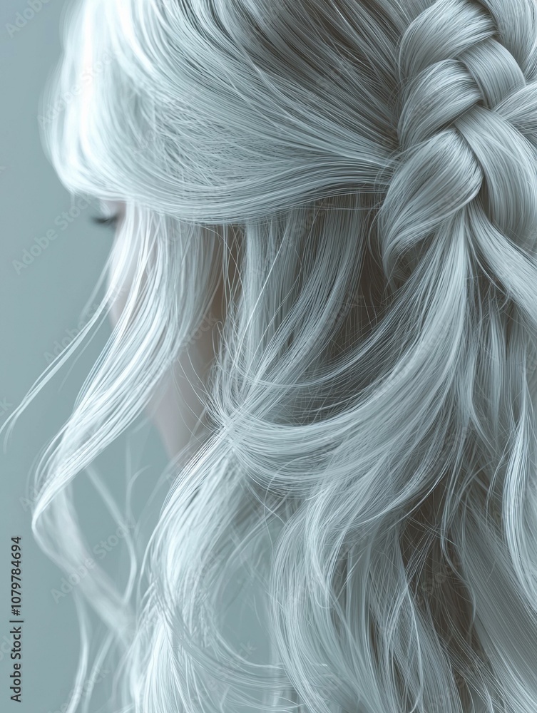 Soft, flowing white hair styled in a braid. AI. Soft, flowing white hair styled in a braid. AI.