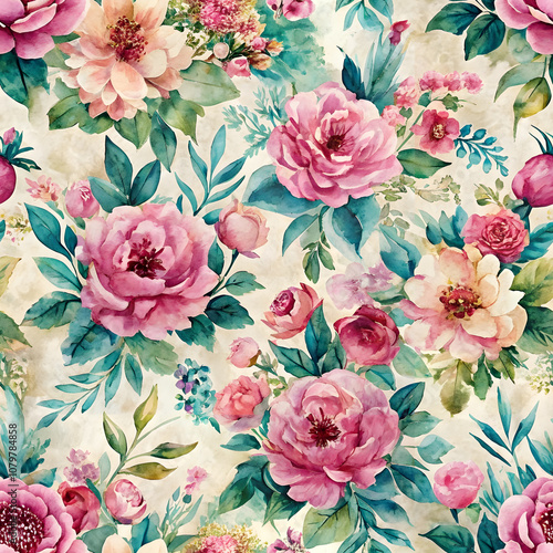 Wallpaper Mural Watercolor Floral Vintage Seamless Pattern, Soft Romantic Feel. Perfect for: Romantic Weddings, Spring Celebrations Torontodigital.ca