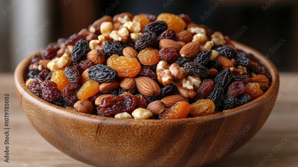A wooden bowl filled with almonds, walnuts, raisins, and dried apricots. A wooden bowl filled with almonds, walnuts, raisins, and dried apricots.