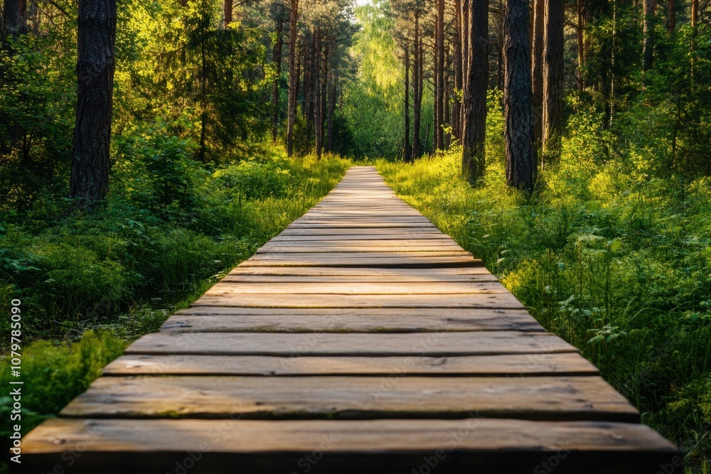 Fototapeta premium Wooden path leading through a lush forest.