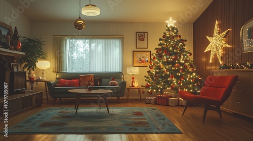 Mid-century Christmas living room, vintage tree adorned with antique baubles, retro-style furniture, old-fashioned string lights, nostalgic holiday decorations from the 1950s,