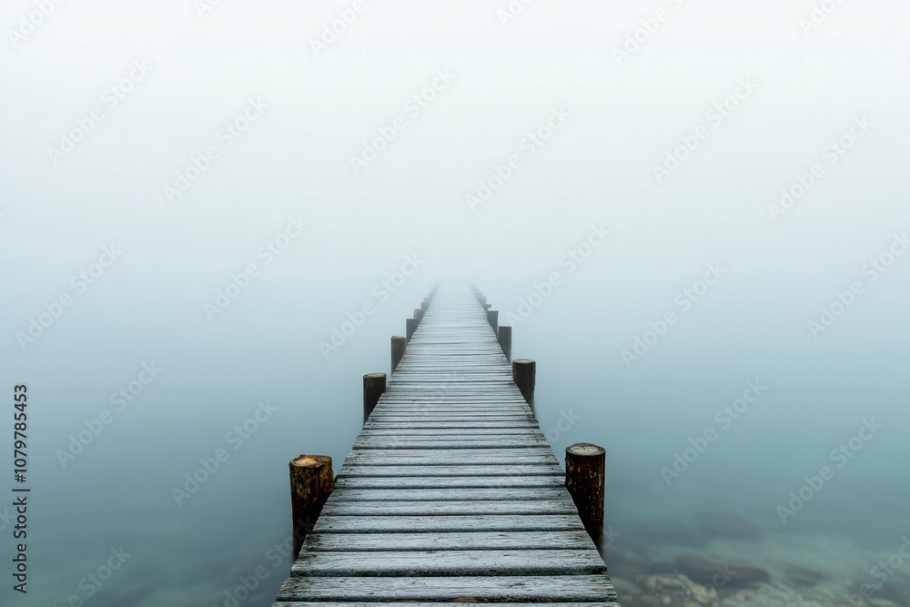 Fototapeta premium Wooden pier disappearing into dense fog over a still lake.