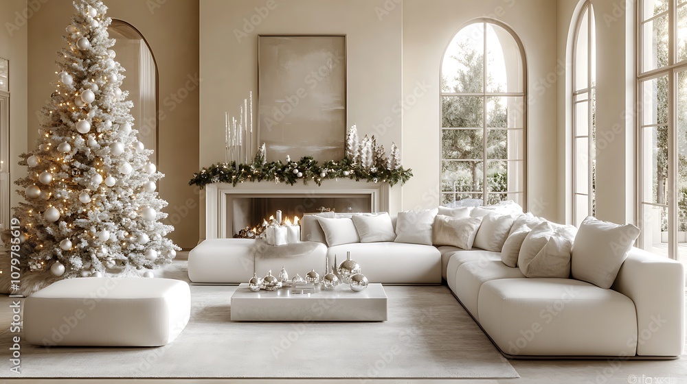 Modern Christmas living room, minimalist white tree with silver and glass ornaments, neutral-toned furniture, clean and sleek decor, bright natural light creating an airy feel, Modern Christmas living room, minimalist white tree with silver and glass ornaments, neutral-toned furniture, clean and sleek decor, bright natural light creating an airy feel,